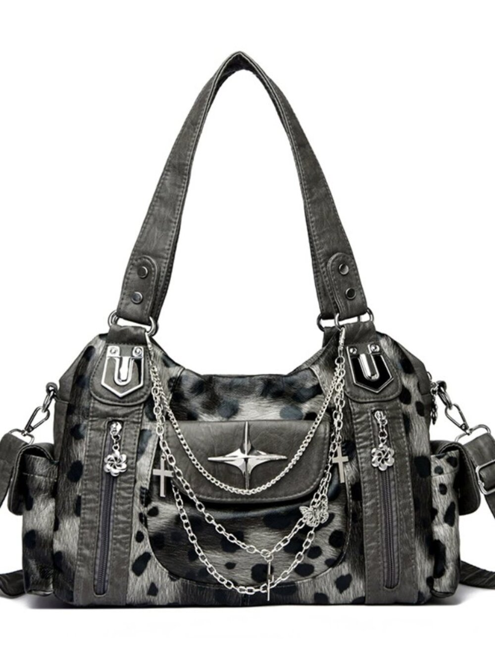 Y2K Grunge Grey Shoulder Bag Gothic Cross Chain Star Satchel